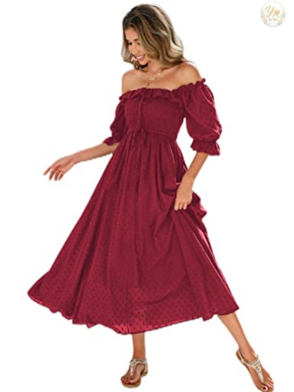 Cotton A Line Midi Dress Square Neck Puff Sleeve Ruffle Backless